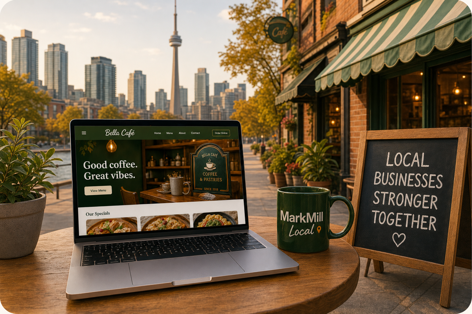 MarkMill Local process hero with Toronto storefront, laptop website, mug, and local business sign
