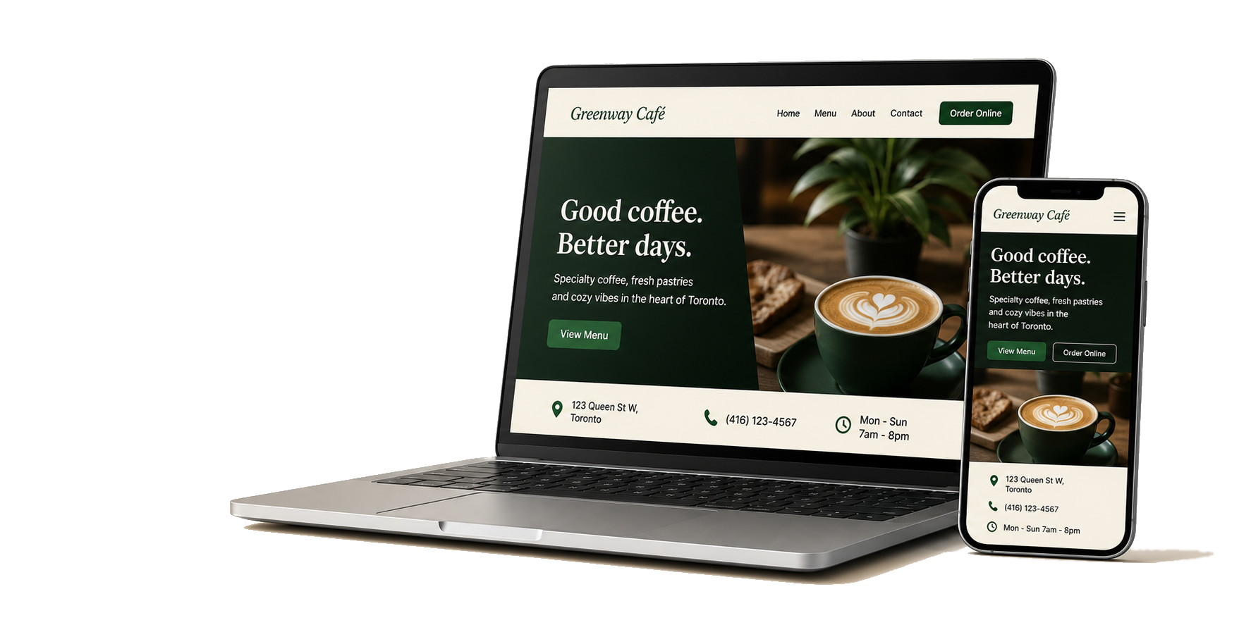Laptop and phone showing a local cafe website
